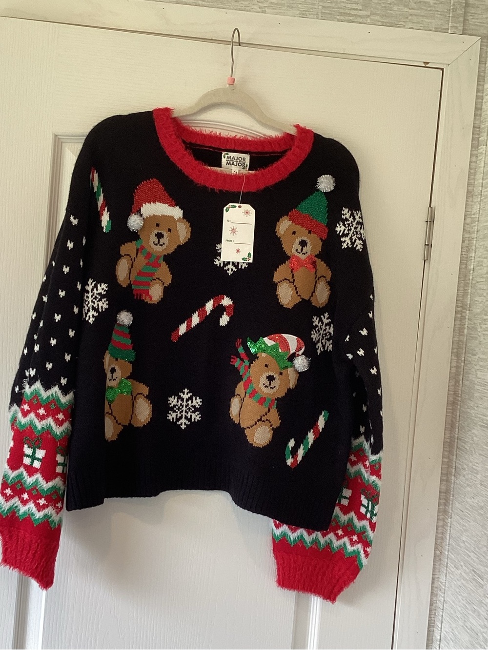 Black Teddy Holiday Sweater with Red Trim XL BNWT - Picture 1 of 5
